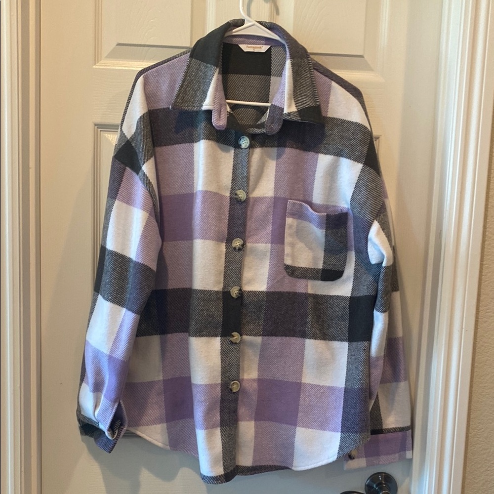 Plaid Button Down Flannel Shirt - Purple and Black